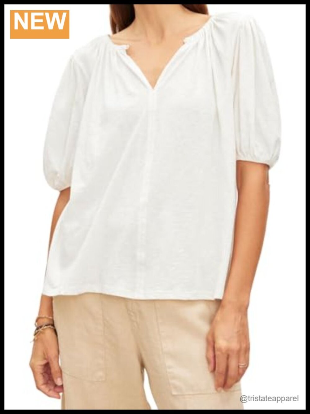 Cotton Slub Short Sleeve V-Neck Blouse with Back Cut Out